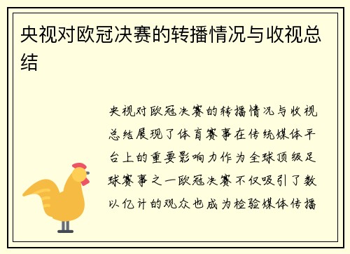 央视对欧冠决赛的转播情况与收视总结